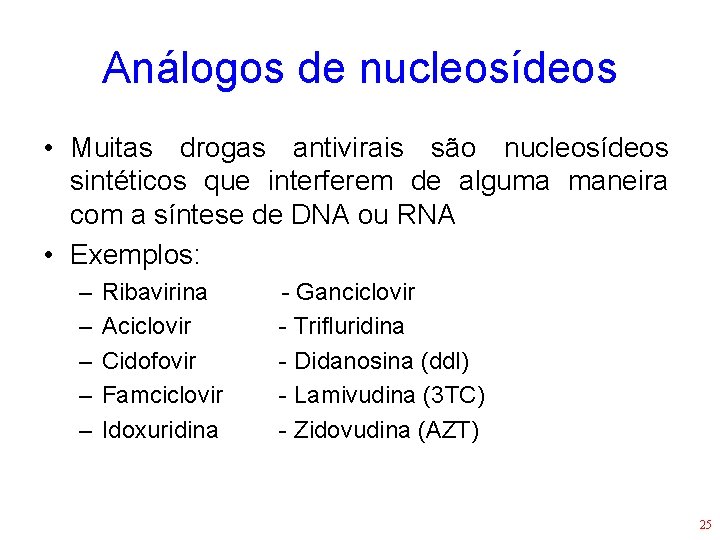 Análogos de nucleosídeos • Muitas drogas antivirais são nucleosídeos sintéticos que interferem de alguma