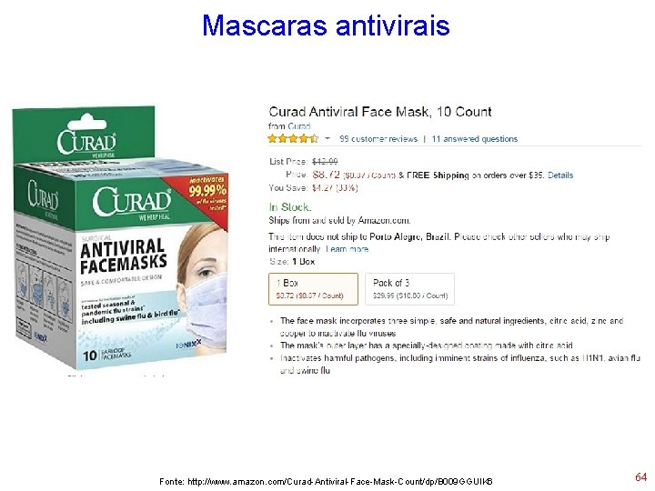 Mascaras antivirais Fonte: http: //www. amazon. com/Curad-Antiviral-Face-Mask-Count/dp/B 009 GGUIK 6 64 