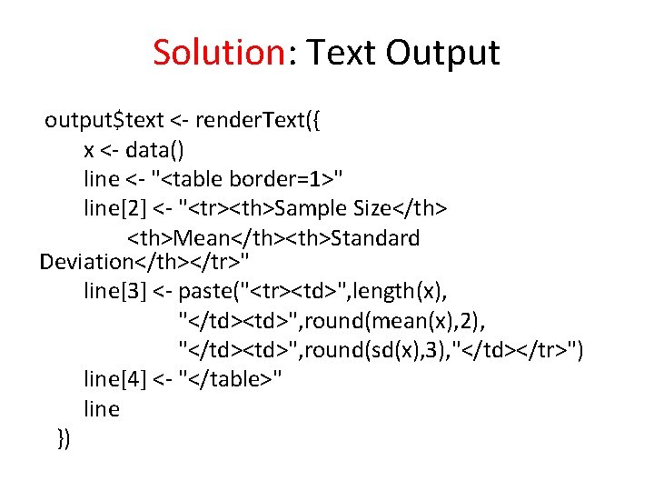 Solution: Text Output output$text <- render. Text({ x <- data() line <- "<table border=1>"