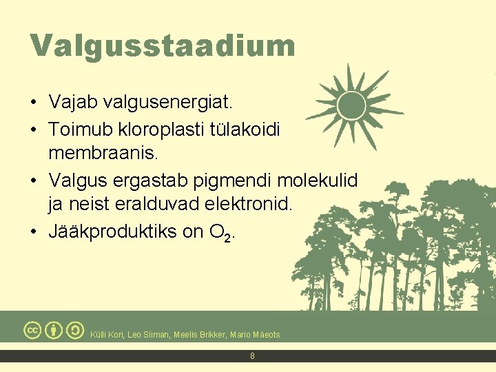 Valgusstaadium • Vajab valgusenergiat. • Toimub kloroplasti tülakoidi membraanis. • Valgus ergastab pigmendi molekulid