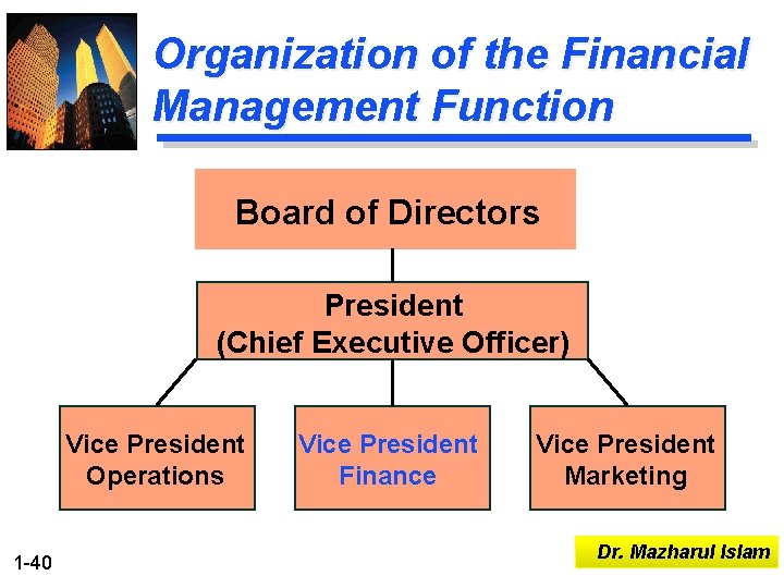 Organization of the Financial Management Function Board of Directors President (Chief Executive Officer) Vice