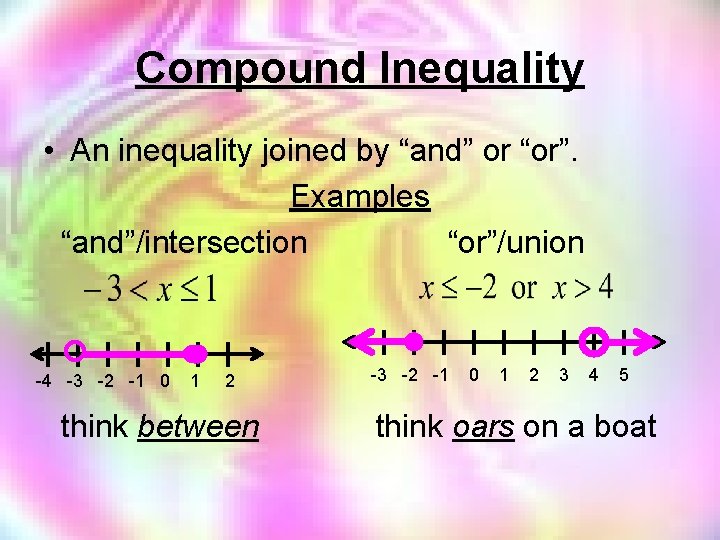 Compound Inequality • An inequality joined by “and” or “or”. Examples “and”/intersection “or”/union -4
