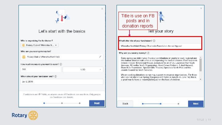 Title is use on FB posts and in donation reports TITLE | 11 