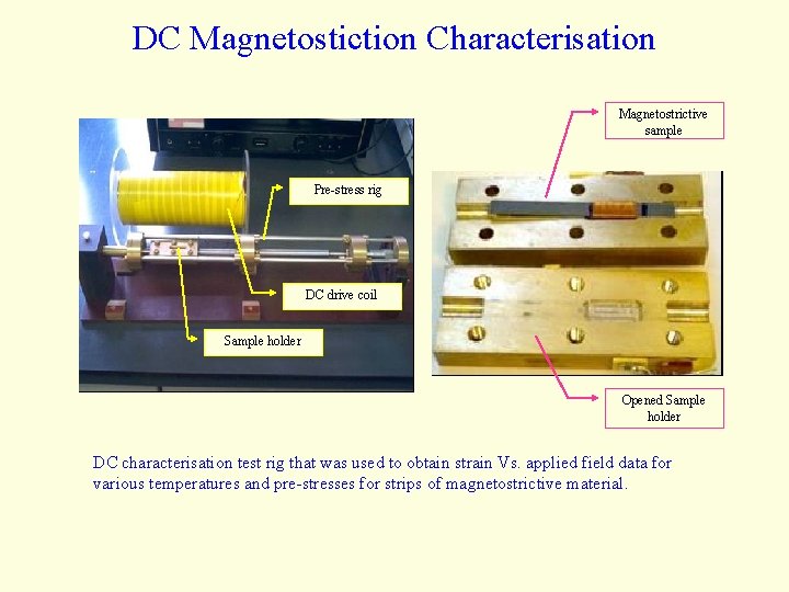 DC Magnetostiction Characterisation Magnetostrictive sample Pre-stress rig DC drive coil Sample holder Opened Sample