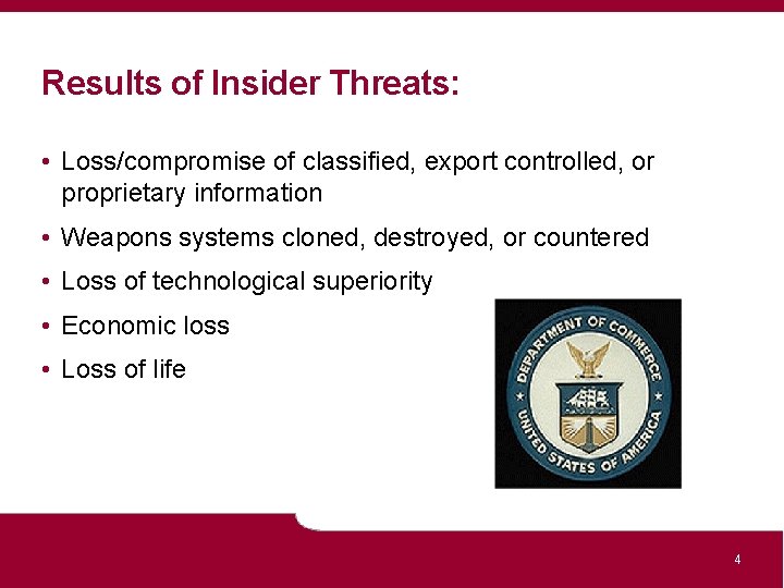 Results of Insider Threats: • Loss/compromise of classified, export controlled, or proprietary information •