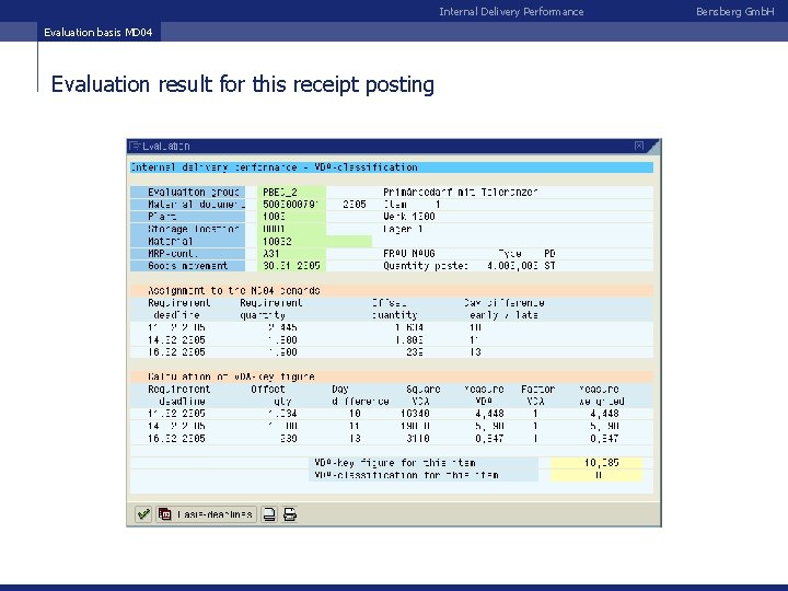 Internal Delivery Performance Evaluation basis MD 04 Evaluation result for this receipt posting Bensberg