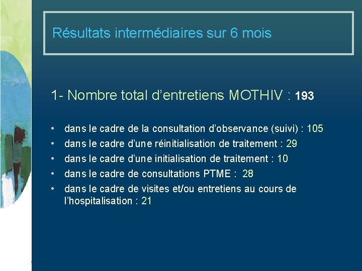 Résultats intermédiaires sur 6 mois 1 - Nombre total d’entretiens MOTHIV : 193 •