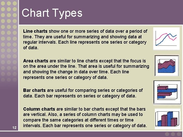 Chart Types Line charts show one or more series of data over a period