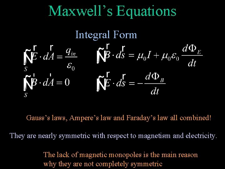 Maxwell’s Equations Integral Form Gauss’s laws, Ampere’s law and Faraday’s law all combined! They
