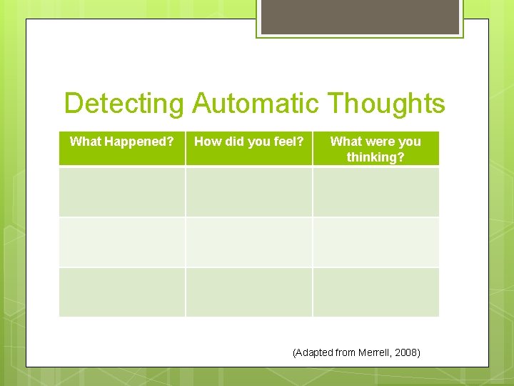 Detecting Automatic Thoughts What Happened? How did you feel? What were you thinking? (Adapted