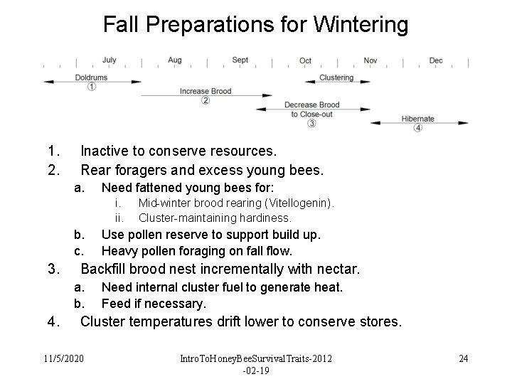 Fall Preparations for Wintering 1. 2. Inactive to conserve resources. Rear foragers and excess Fall Preparations for Wintering 1. 2. Inactive to conserve resources. Rear foragers and excess