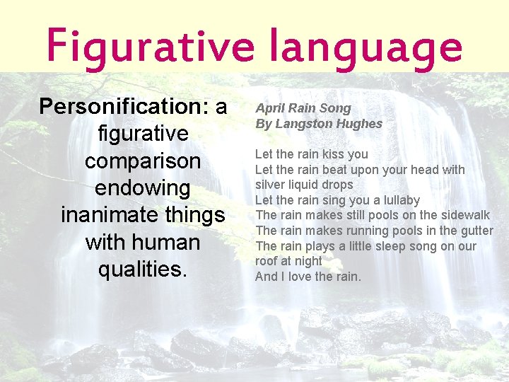 Figurative language Personification: a figurative comparison endowing inanimate things with human qualities. April Rain