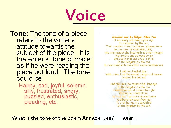 Voice Tone: The tone of a piece refers to the writer's attitude towards the