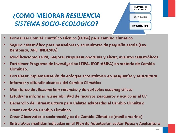 GENERACION DE CAPACIDADES ¿COMO MEJORAR RESILIENCIA SISTEMA SOCIO-ECOLOGICO? INVESTIGACION INSTITUCIONALIDAD § § Formalizar Comité