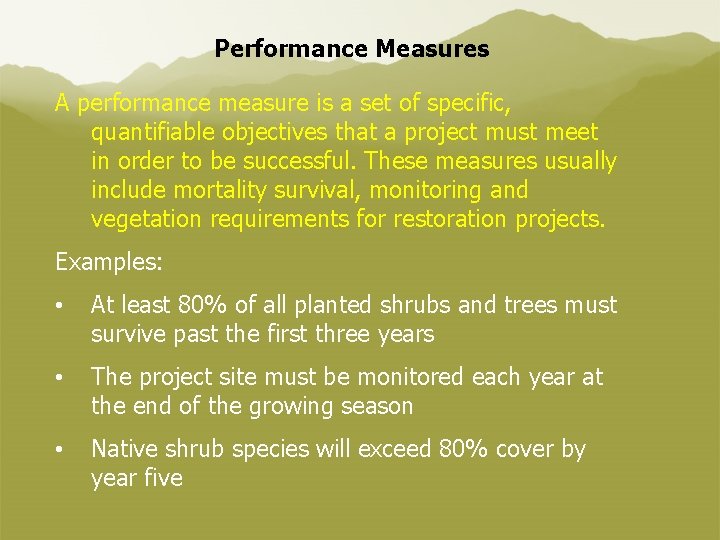 Performance Measures A performance measure is a set of specific, quantifiable objectives that a