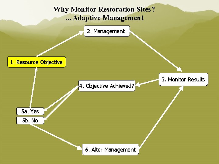 Why Monitor Restoration Sites? …Adaptive Management 2. Management 1. Resource Objective 4. Objective Achieved?
