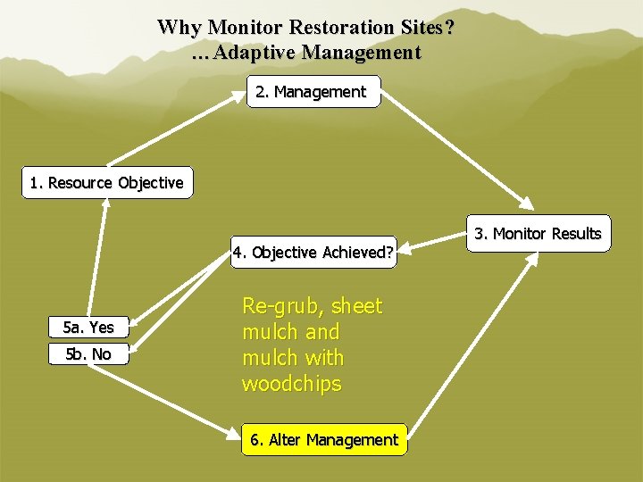 Why Monitor Restoration Sites? …Adaptive Management 2. Management 1. Resource Objective 4. Objective Achieved?