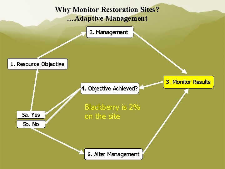 Why Monitor Restoration Sites? …Adaptive Management 2. Management 1. Resource Objective 4. Objective Achieved?