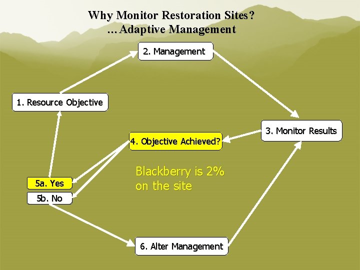 Why Monitor Restoration Sites? …Adaptive Management 2. Management 1. Resource Objective 4. Objective Achieved?