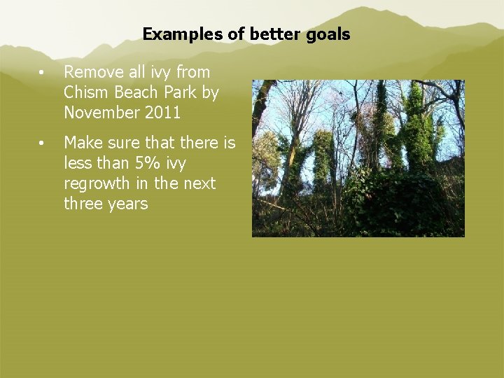 Examples of better goals • Remove all ivy from Chism Beach Park by November