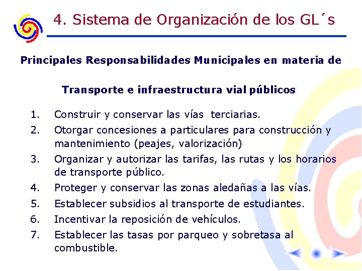 4. Sistema de Organización de los GL´s Principales Responsabilidades Municipales en materia de Transporte