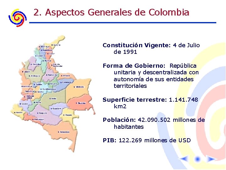 2. Aspectos Generales de Colombia Constitución Vigente: 4 de Julio de 1991 Forma de