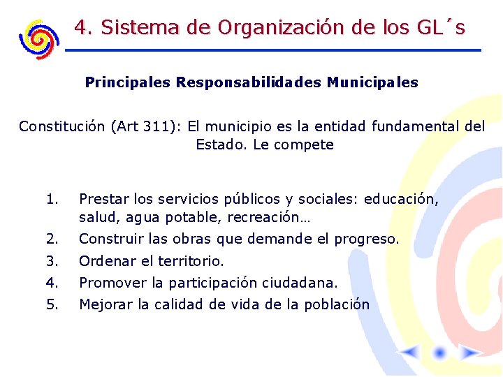 4. Sistema de Organización de los GL´s Principales Responsabilidades Municipales Constitución (Art 311): El