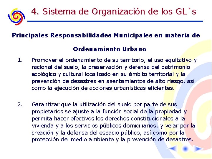 4. Sistema de Organización de los GL´s Principales Responsabilidades Municipales en materia de Ordenamiento