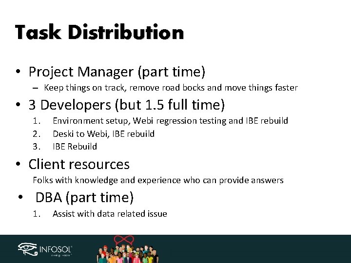 Task Distribution • Project Manager (part time) – Keep things on track, remove road
