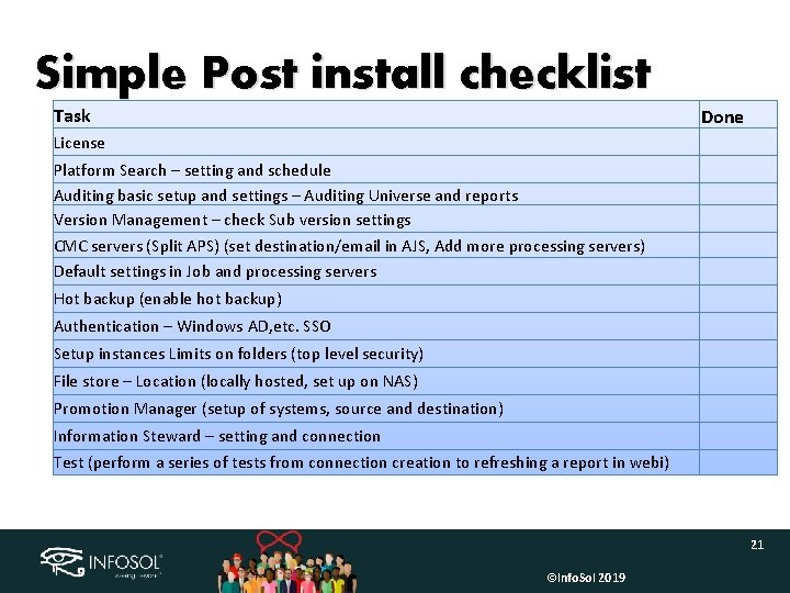 Simple Post install checklist Task Done License Platform Search – setting and schedule Auditing