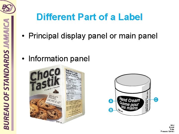 Different Part of a Label • Principal display panel or main panel • Information