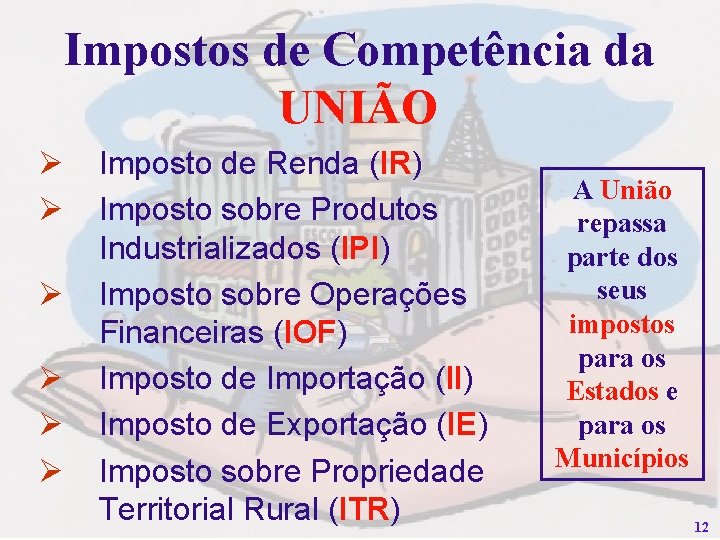 Impostos de Competência da UNIÃO Ø Ø Ø Imposto de Renda (IR) Imposto sobre