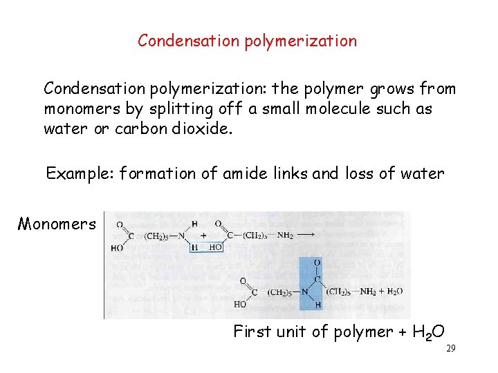 Condensation polymerization: the polymer grows from monomers by splitting off a small molecule such