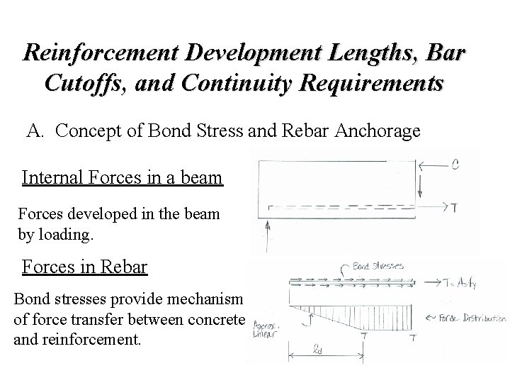 Reinforcement Development Lengths, Bar Cutoffs, and Continuity Requirements A. Concept of Bond Stress and