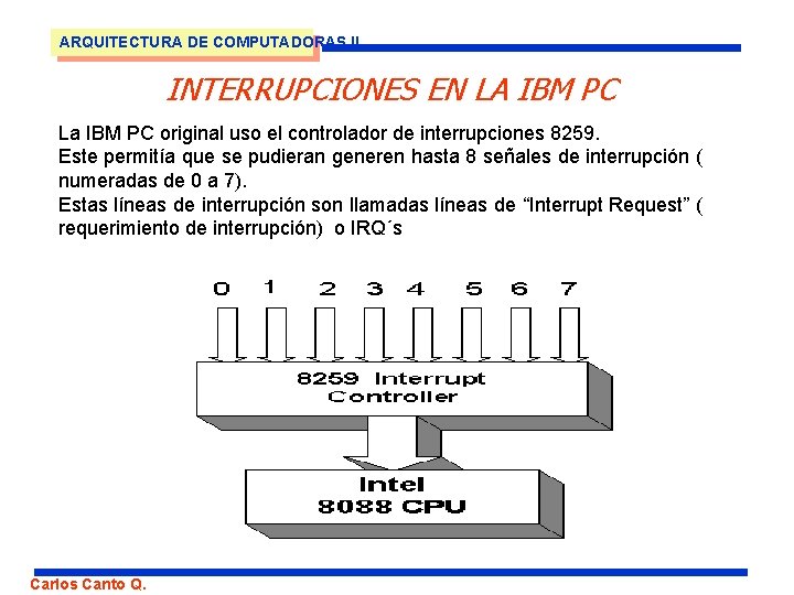 ARQUITECTURA DE COMPUTADORAS II INTERRUPCIONES EN LA IBM PC La IBM PC original uso
