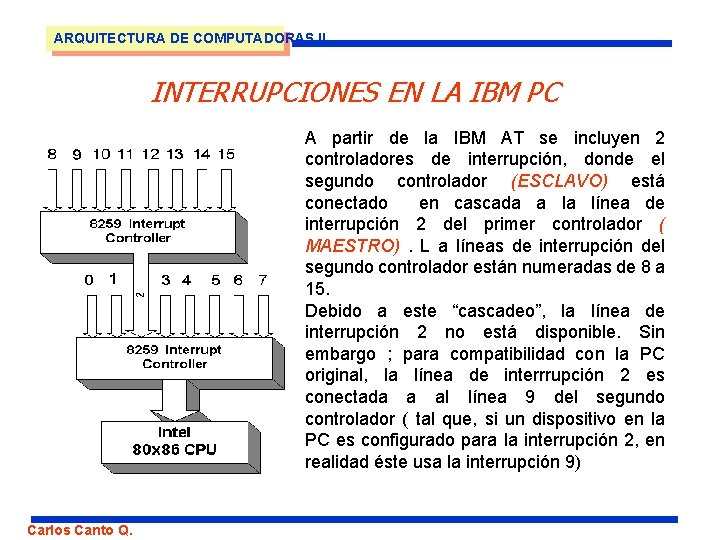 ARQUITECTURA DE COMPUTADORAS II INTERRUPCIONES EN LA IBM PC A partir de la IBM