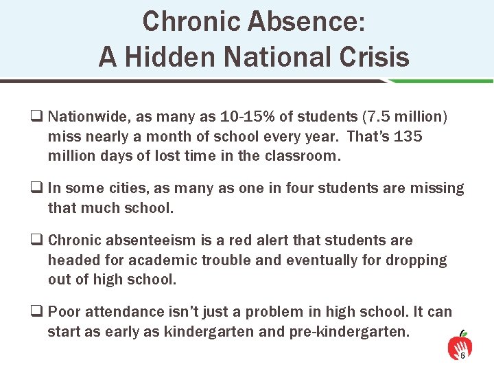 Chronic Absence: A Hidden National Crisis q Nationwide, as many as 10 -15% of