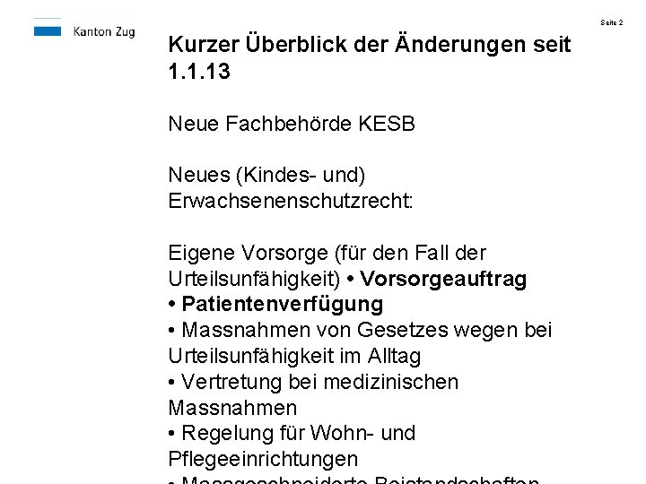 Seite 2 Kurzer Überblick der Änderungen seit 1. 1. 13 Neue Fachbehörde KESB Neues