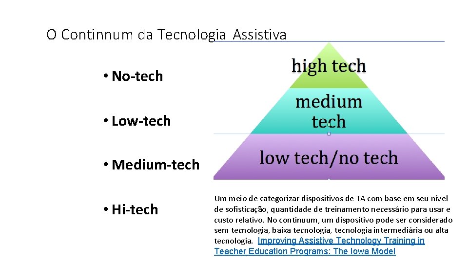 O Continnum da Tecnologia Assistiva • No-tech • Low-tech • Medium-tech • Hi-tech Um