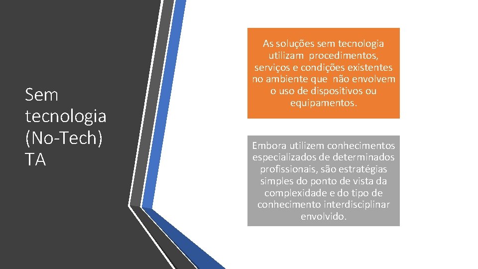 Sem tecnologia (No-Tech) TA As soluções sem tecnologia utilizam procedimentos, serviços e condições existentes