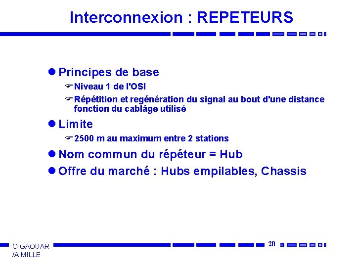Interconnexion : REPETEURS l Principes de base F Niveau 1 de l'OSI F Répétition