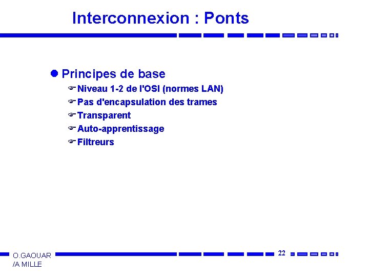 Interconnexion : Ponts l Principes de base F Niveau 1 -2 de l'OSI (normes