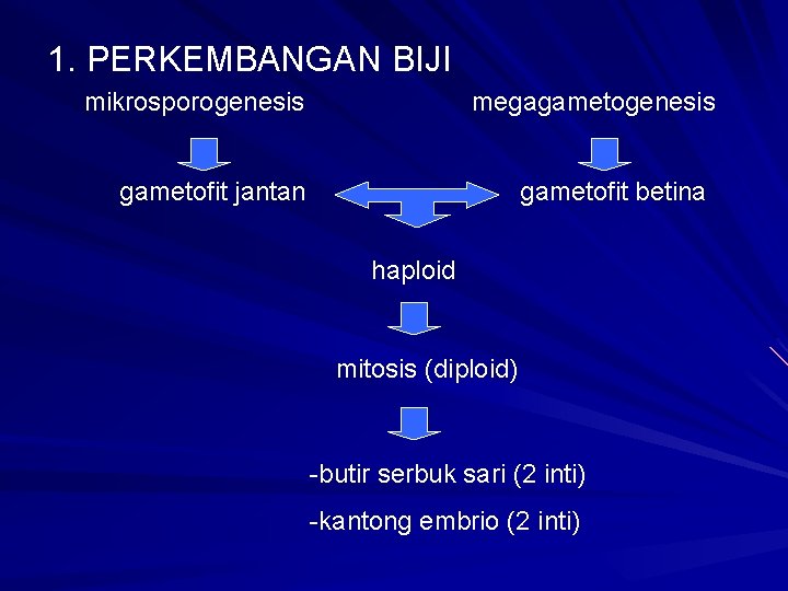 1. PERKEMBANGAN BIJI mikrosporogenesis megagametogenesis gametofit jantan gametofit betina haploid mitosis (diploid) -butir serbuk