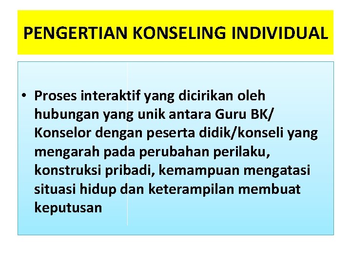 PENGERTIAN KONSELING INDIVIDUAL • Proses interaktif yang dicirikan oleh hubungan yang unik antara Guru