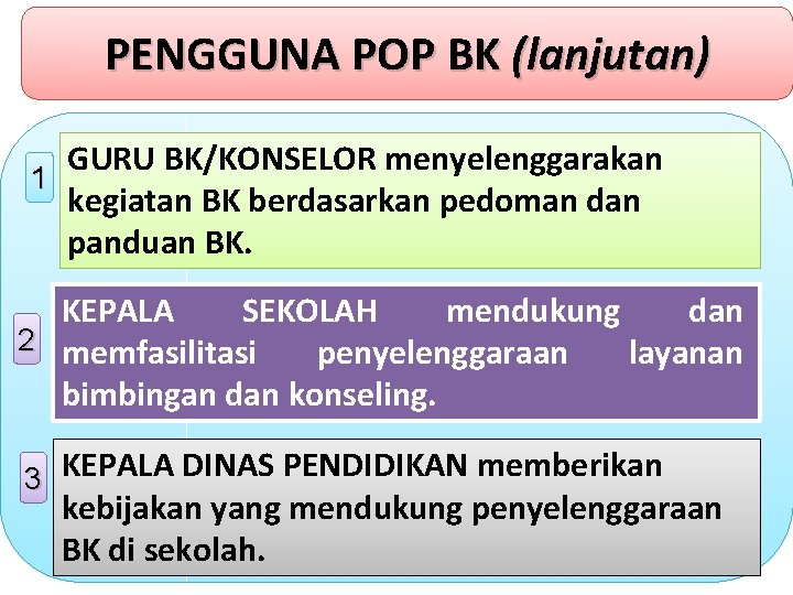 PENGGUNA POP BK (lanjutan) GURU BK/KONSELOR menyelenggarakan 1 kegiatan BK berdasarkan pedoman dan panduan