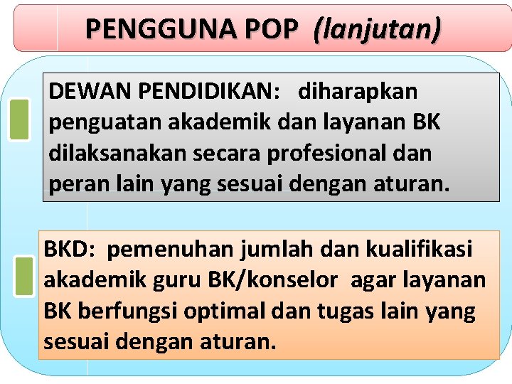 PENGGUNA POP (lanjutan) DEWAN PENDIDIKAN: diharapkan penguatan akademik dan layanan BK dilaksanakan secara profesional