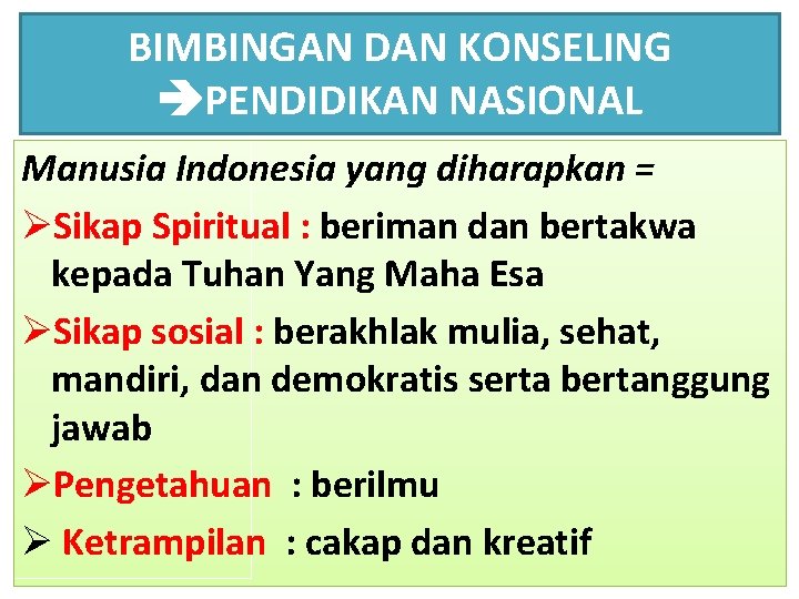 BIMBINGAN DAN KONSELING PENDIDIKAN NASIONAL Manusia Indonesia yang diharapkan = ØSikap Spiritual : beriman