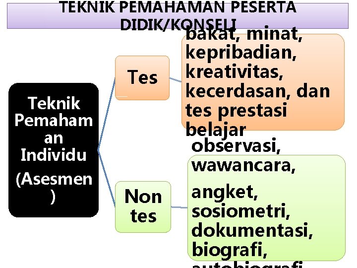 TEKNIK PEMAHAMAN PESERTA DIDIK/KONSELI Tes Teknik Pemaham an Individu (Asesmen ) Non tes bakat,