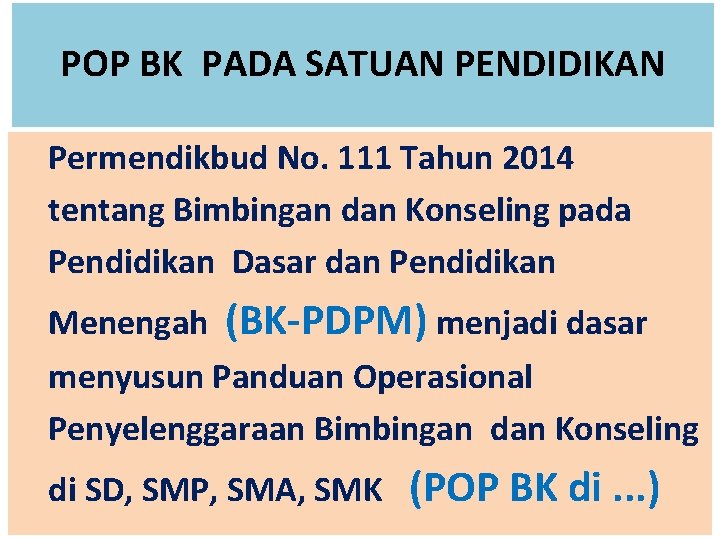  POP BK PADA SATUAN PENDIDIKAN Permendikbud No. 111 Tahun 2014 tentang Bimbingan dan