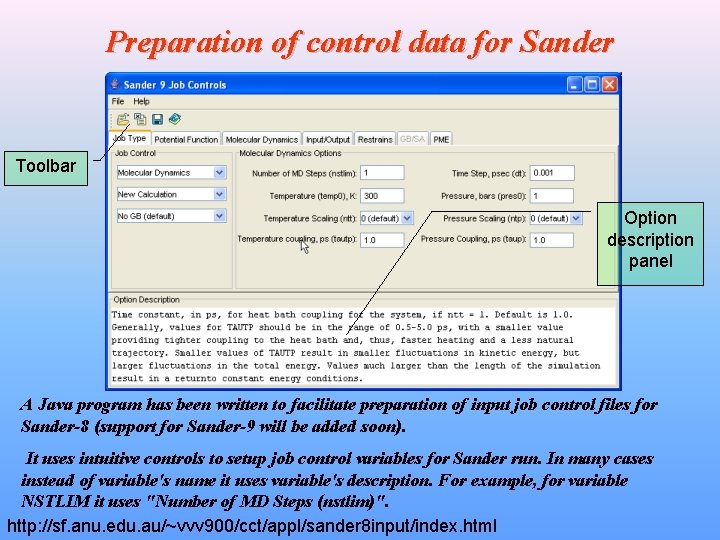 Preparation of control data for Sander Toolbar Option description panel A Java program has